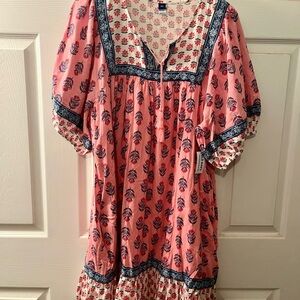 Old Navy Pink and Blue Block Print Puff Sleeve Dress